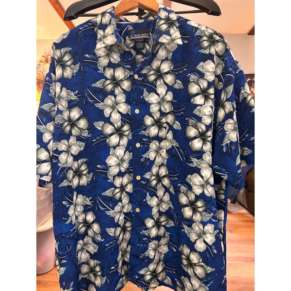 XG Island Tropics Mens XL Blue Hibiscus Floral Hawaiian Camp‎ Shirt Short Sleeve